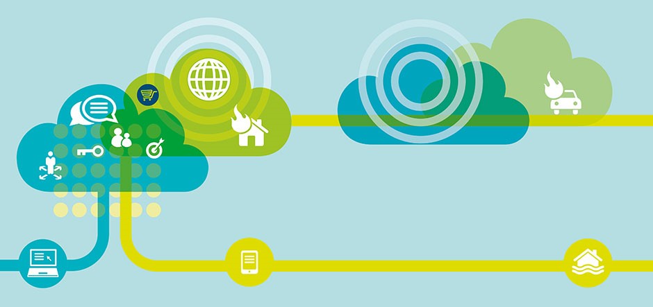 Abstract illustration showing interconnected cloud shapes with various insurance-related icons, including communication bubbles, accessibility symbols, a house on fire, a burning car, and global connectivity symbols. Colorful lines connect the elements, representing digital infrastructure and cloud-based services.
