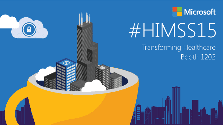 An illustration showing Chicago buildings inside a cup titled #HIMSS15