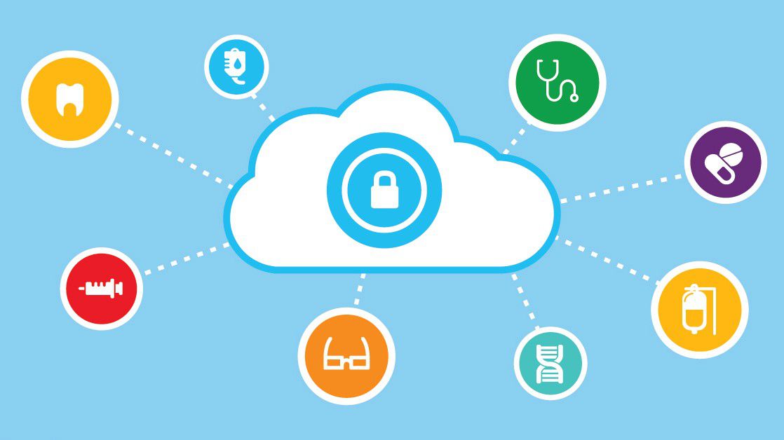 An illustration of different icons depicting health related items connected through the cloud which is secure