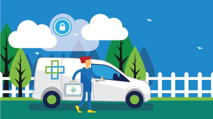 An illustration of a health care professional standing next to a vehicle