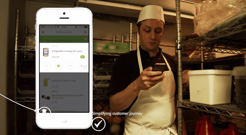 A picture of a chef/worker ordering supplies through his phone
