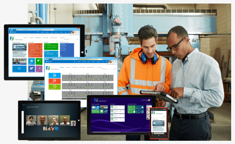 Two co-workers interacting with a touch screen device and participating in a virtual meeting