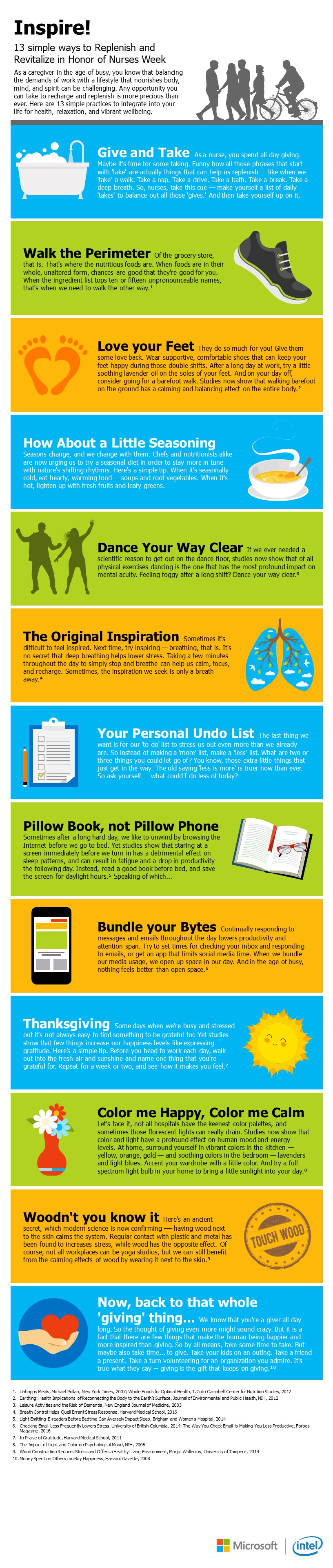 This is an infographic by Intel depicting 13 tips for nurses to rejuvenate and revitalize.  Tip 1: Give and take.  Tip 2: Walk the perimeter.  Tip 3: Love your feet. Tip 4: How about a little seasoning - eat a seasonal diet.  Tip 5: Dance your way to clear - dancing has a profound impact on mental health. Tip 6: the original inspiration - take deep breaths, it lowers stress. Tip 7: Your personal undo list - make a less list.  Tip 8: pillow book, not pillow phone - read in bed vs using your phone. Tip 9: Bundle your bytes - set time for checking messages, not continually throughout the day. Tip 10: Thanksgiving - find something to be grateful.  Tip 11: color me happy, color me calm - surround yourself with vibrant colors at home. Tip 12: Woodn't you know it - wood relieves stress, keep it around.  Tip 13: Now, back to that whole giving thing - take some time to give. 