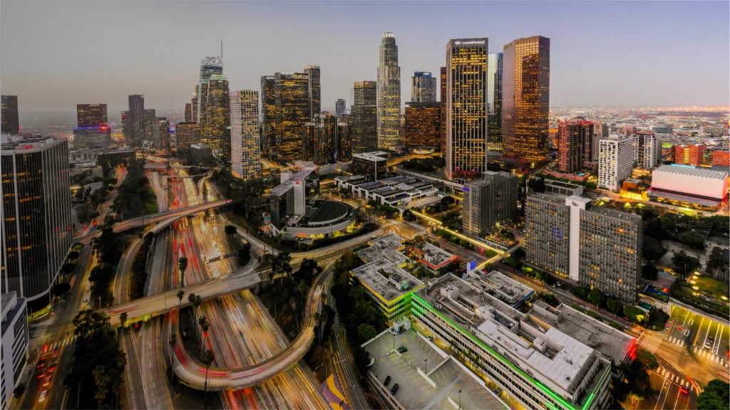 a city with tall buildings in the background