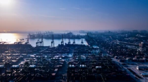 shipping containers in an outdoor industrial space