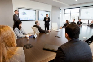 a group of people sitting at a table in front of a computer
