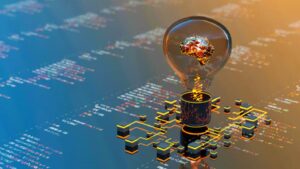 Artificial intelligence digital concept abstract brain inside light bulb