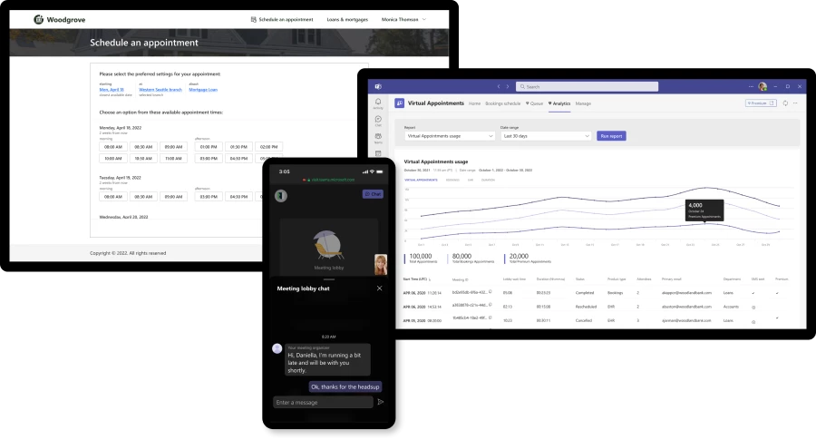 Composite image depicting the intelligent appointments feature, the integrated mobile experience, and Teams Virtual Appointments analytics