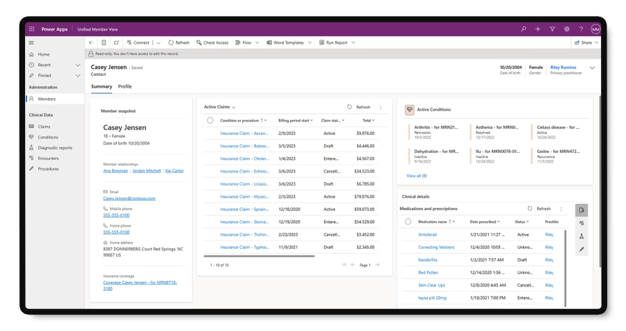 A screen shot reflects that summary of all the member data in a single view. Each of the cards shown on the screen captures different aspects member data such as Demographics, Claims, Active Conditions, and Clinical details