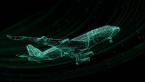 Green digital rendering of an airplane in flight