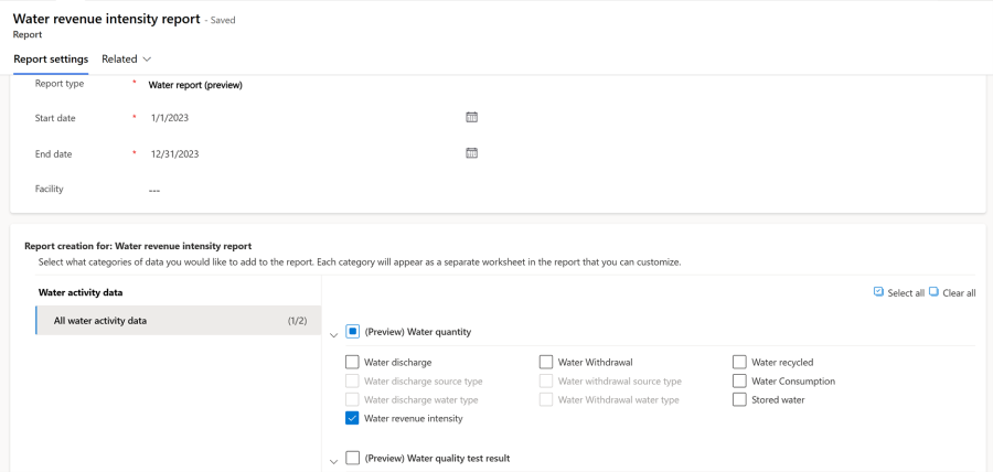Screenshot of Water revenue intensity report in Microsoft Sustainability Manager.