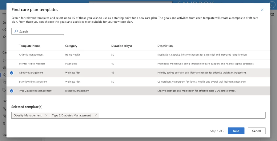 Step 1 of 2, select a relevant template.