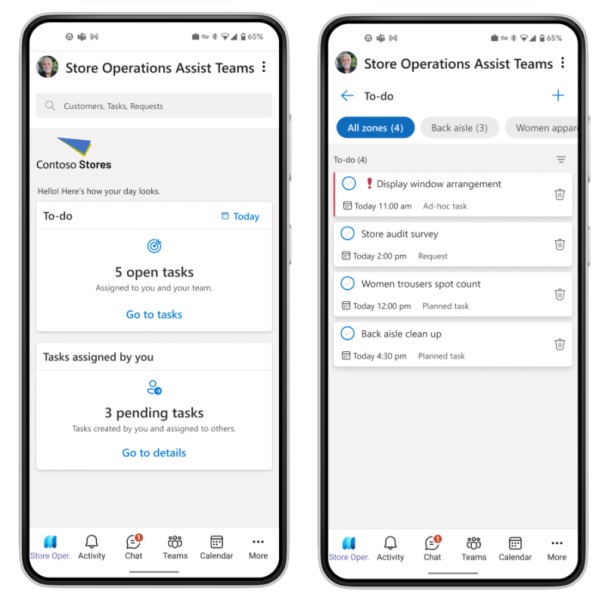 View of store operations assist on a mobile device in Microsoft Teams, showing detailed view of assigned tasks.