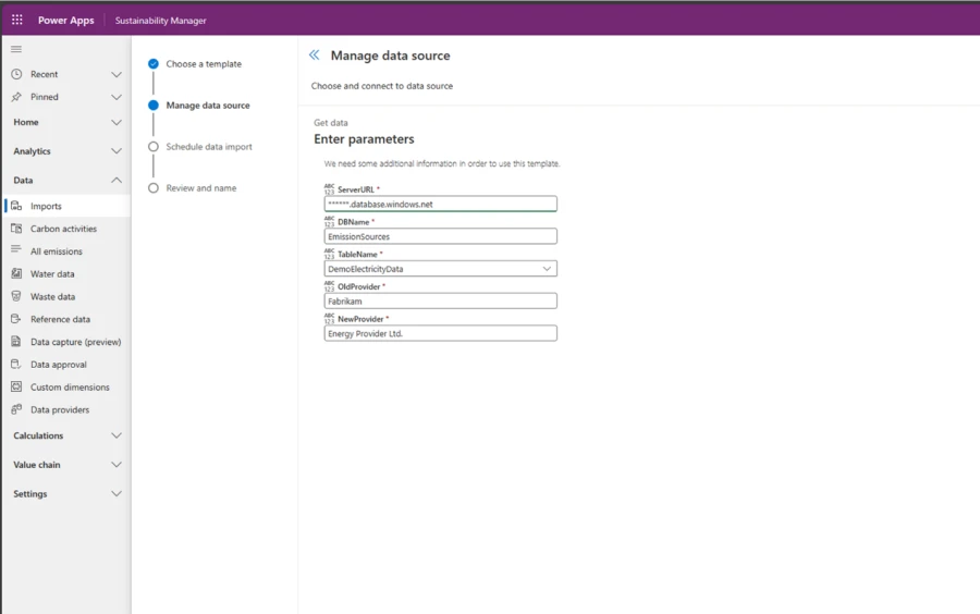 Screenshot showing where in Microsoft Sustainability Manager to go to enter the parameters you want to use for your Power Query data import.