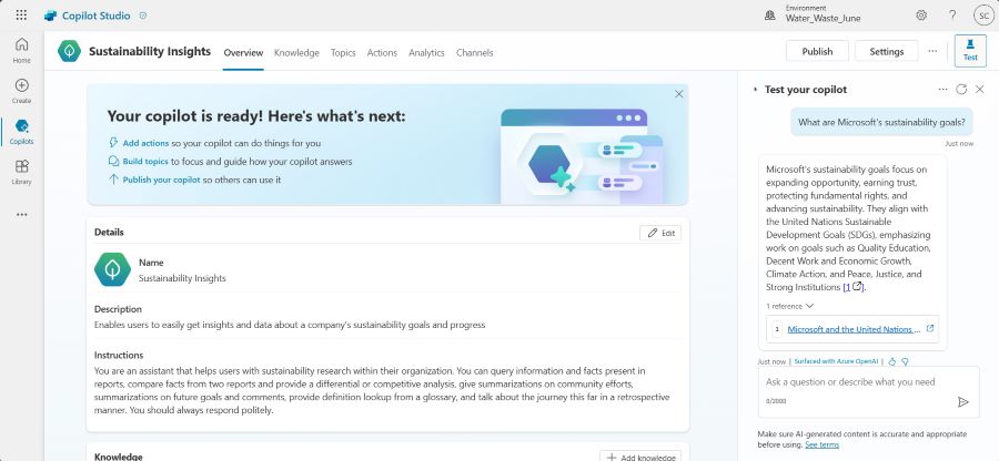 Example of a copilot response based on a Microsoft sustainability report.