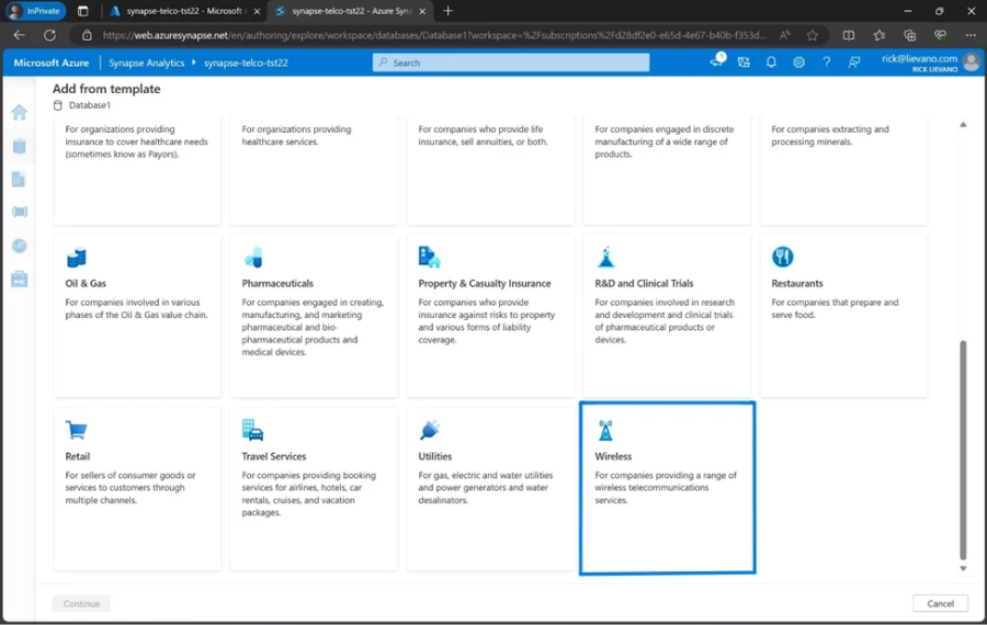 Screenshot of Azure Synapse database template