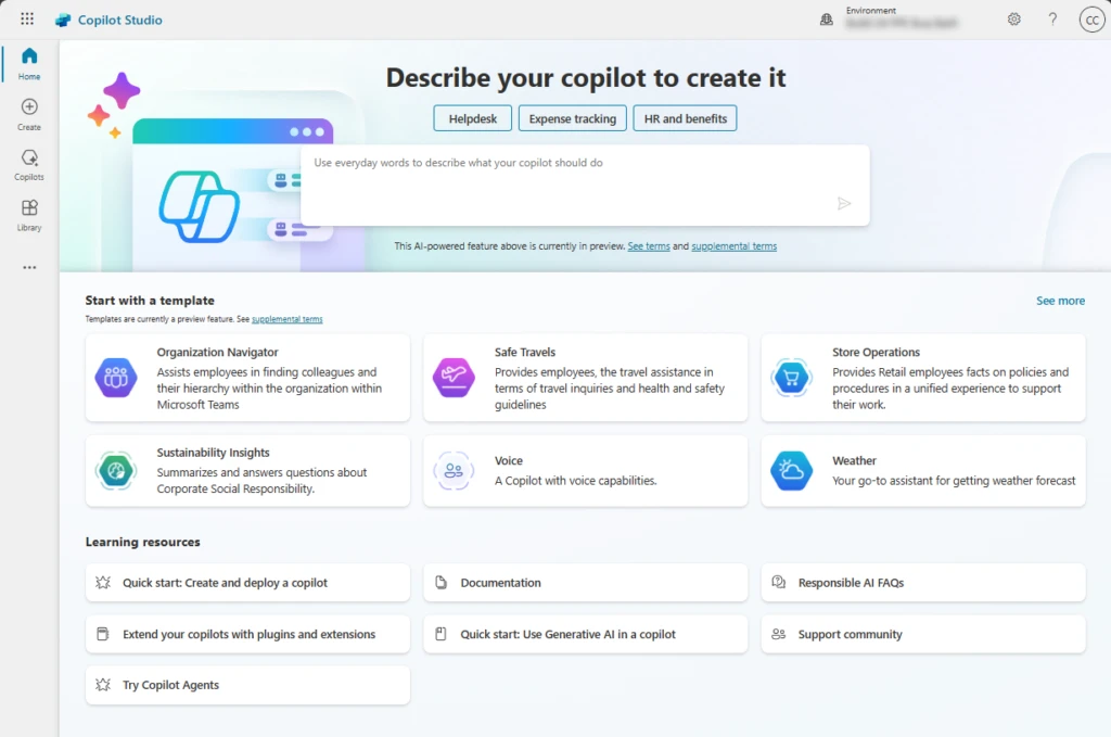 Screenshot showing how to create a Sustainability Insights Copilot template from the Copilot Studio home page.
