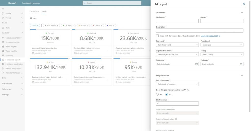 Screenshot showing how to create a goal using the scorecards and goals tool in Microsoft Sustainability Manager.