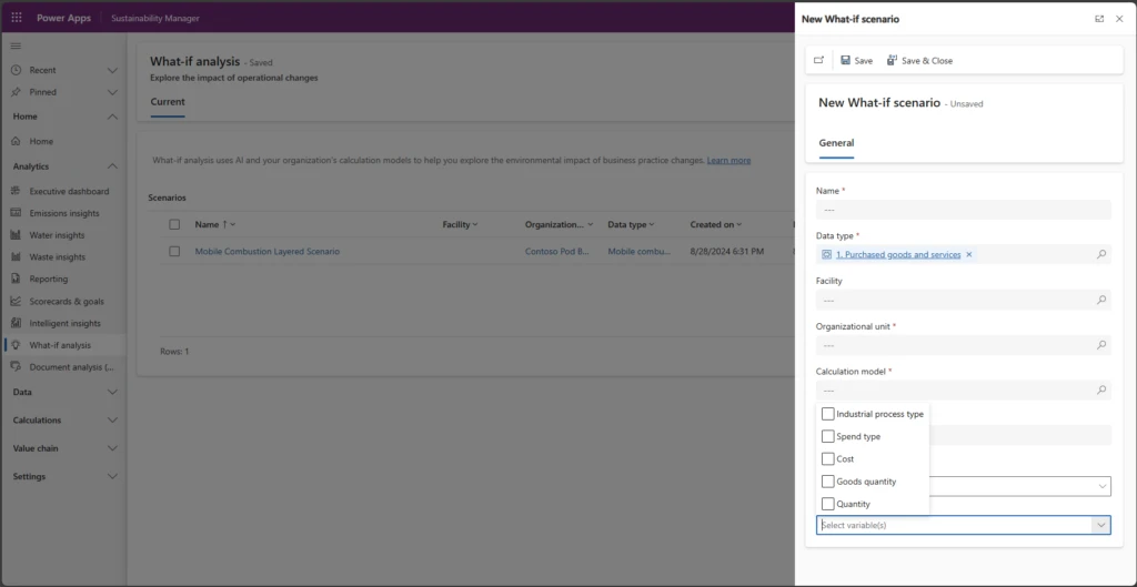 Microsoft Sustainability Manager dashboard showing enhanced what-if analysis, allowing users to customize variables to deliver more precise insights.