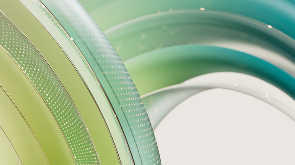 Green and lime colored abstract circles on a off-white background.