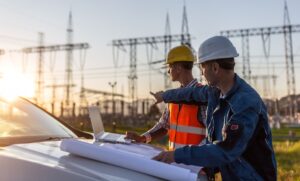 A group of men in hardhats and vests looking at a laptop
