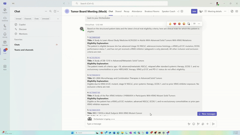 A screen recording demonstrating the integration of the multi-agent workflow with Microsoft Teams that enables multiple human experts to interact directly with specialized healthcare AI agents.