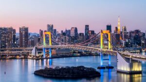 Busy city skyline showing roads and other infrastructure.