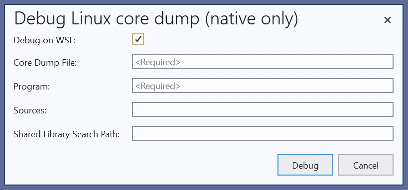 Visual Studio Debug Linux Core Dump with Native Only
