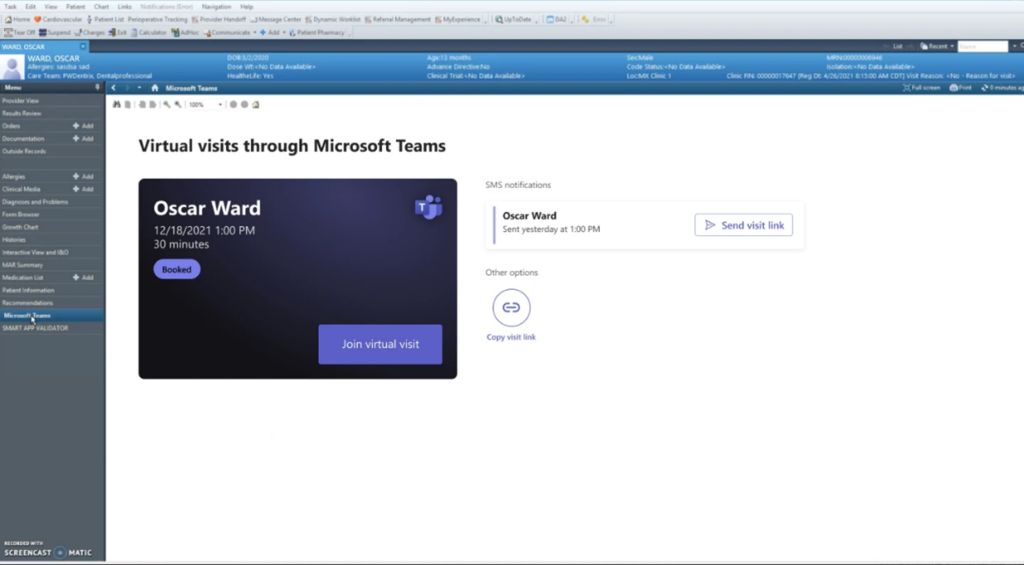 次の仮想予定に関連付けられた患者情報の医師側のビュー