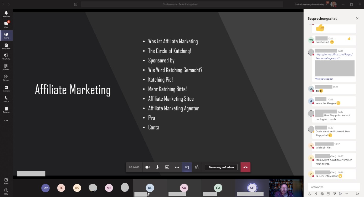 Geteilter Schülerbildschirm beim Vortrag des Themas Affiliate Marketing