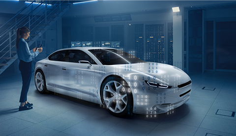 Auto mit Hologrammen im Hintergrund