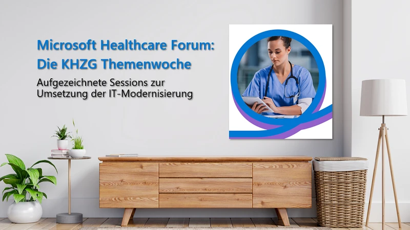 M&ouml;bel vor einer grauen Wand mit dem Logo der Microsoft KHZG-Woche