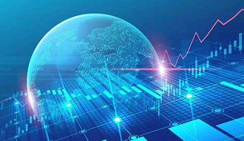 Eine Weltkugel und ein Aktienkurs in blau digital animiert und ineinander. 