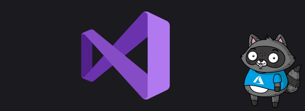 The Visual Studio logo, next to an image of Bit the Raccoon.