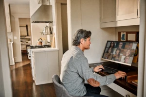 A male sits at his desk located in modern white kitchen working on his Acer desktop computer running a Microsoft Teams online live event