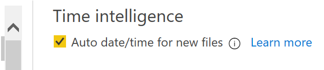 The Time intelligence option in Power BI, showing that Auto date/time is enabled.