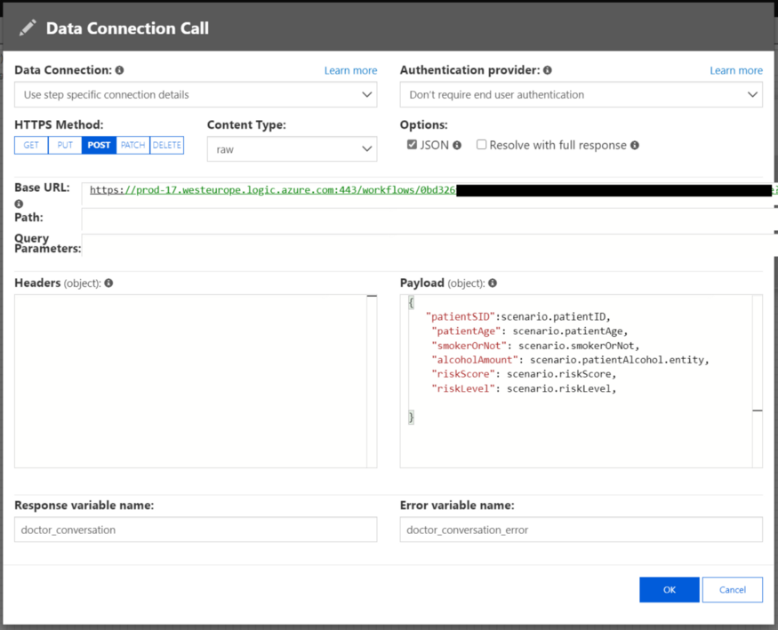 A screenshot of the Data Connection Call dialog.