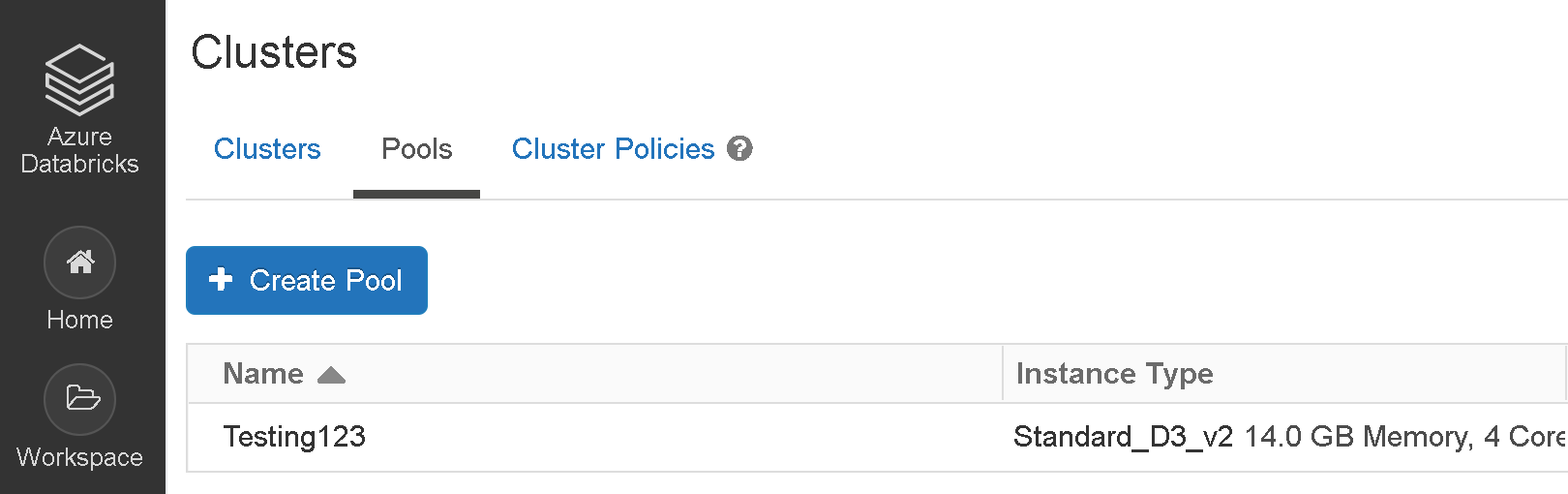 The Clusters section on Azure Databricks