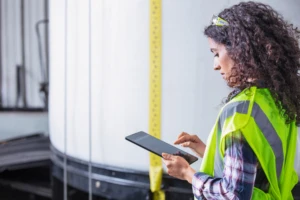 A woman holding a tablet in front of an industrial vat. Equipping frontline workers with tech is important for a sustainability strategy.