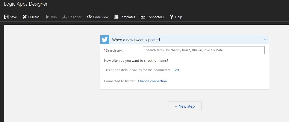 A screenshot of the Logic Apps Designer screen, showing which tweets will be pulled in using certain search terms.