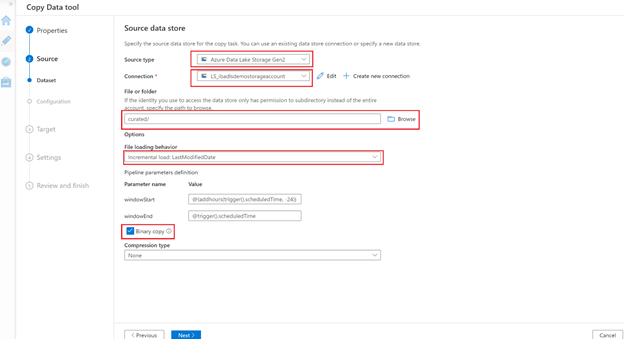 A screenshot of the Source data store prompt in the Copy Data tool