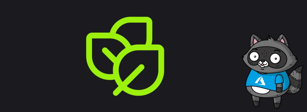 An illustration of leaves representing sustainability, next to an illustration of Bit the Raccoon.