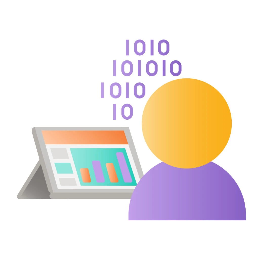 A graphic of a person looking at a device with binary above them.