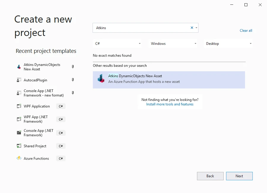 A screenshot of the Visual Studio Template that makes creating applets for DynamicObjects simple.