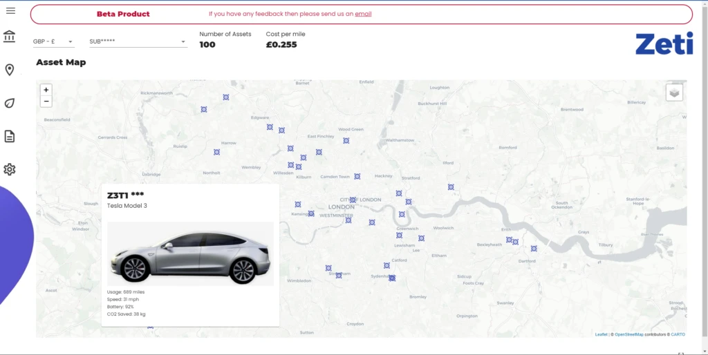 A screenshot of the ZERO software showing a map populated with Tesla cars, as well as showing stats for battery, carbon savings, speed and mileage of the user's fleet.