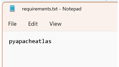 A screenshot of an example requirements file created in notepad.