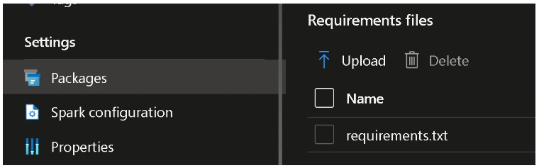 An example of the upload function for adding the requirements file to the spark pool.