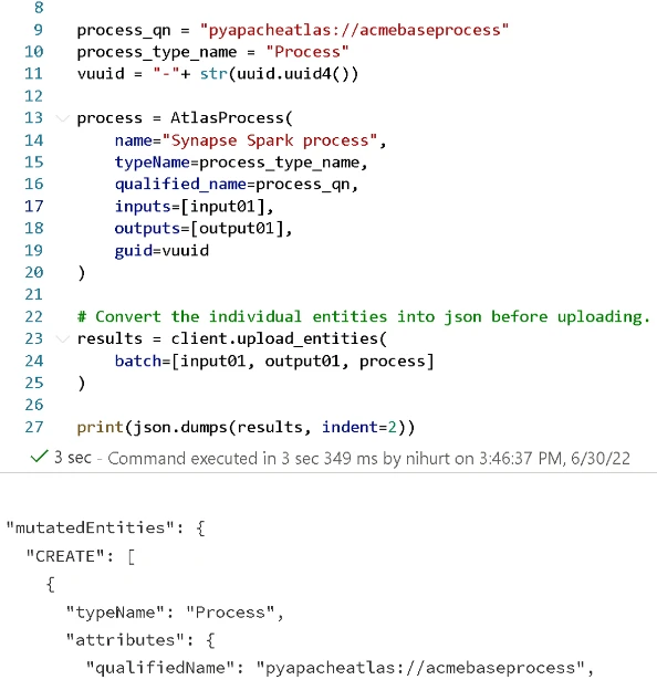 Example code showing the lineage has been created.