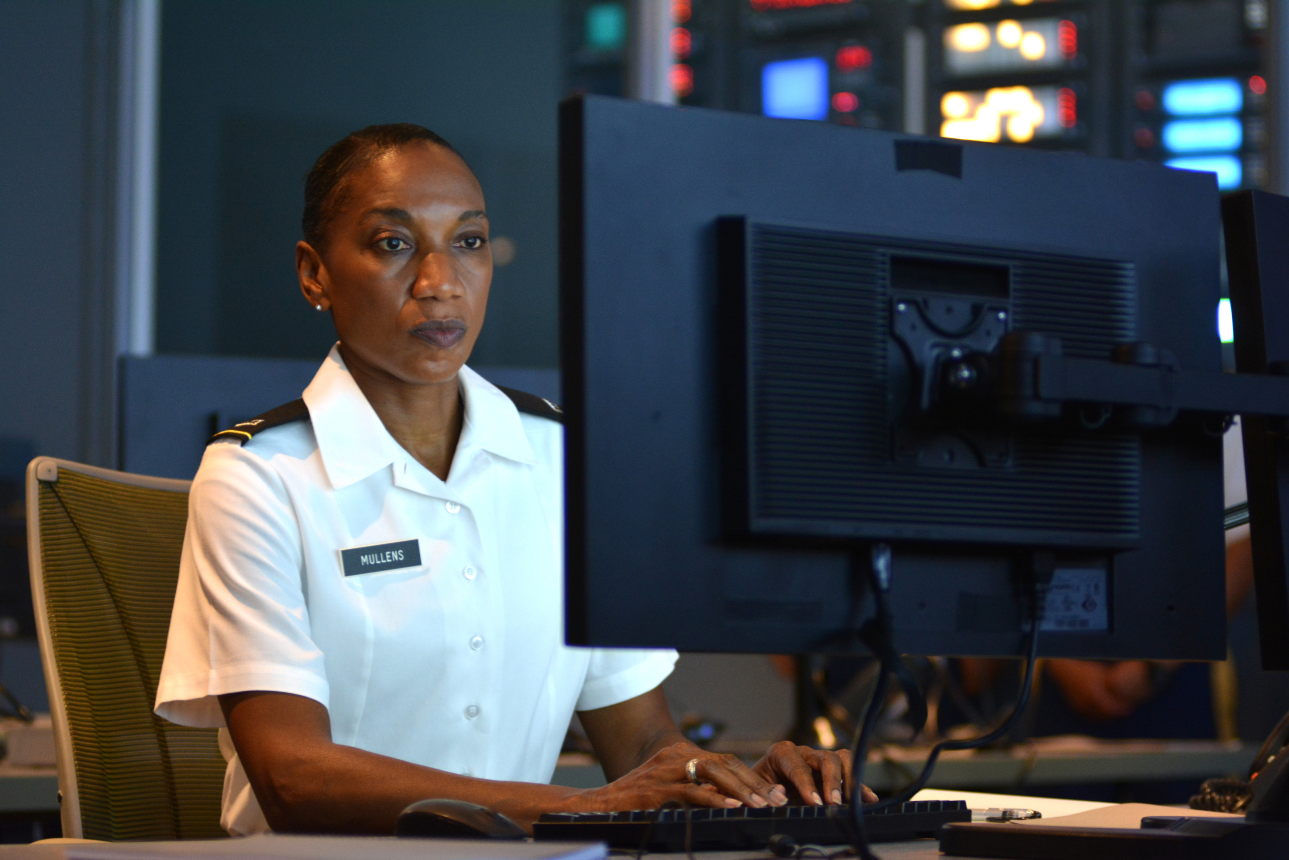 Photo of Chief Warrant Officer 4 Sharon Mullens taken for October 2016 national recruiting advertisement featuring Army cyber Soldiers..