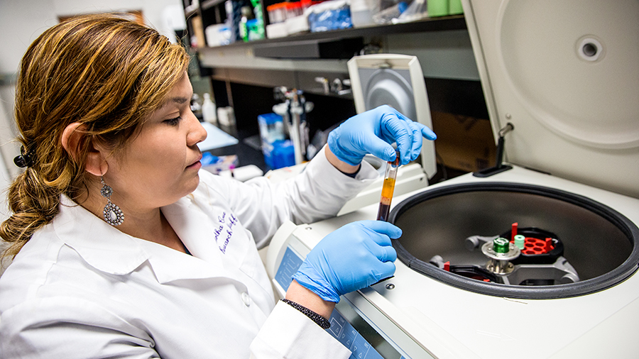 Lab researcher inspecting a testing tube